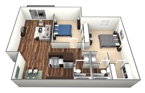 Floor plan for 2 beds, 2 baths, 955 sqft